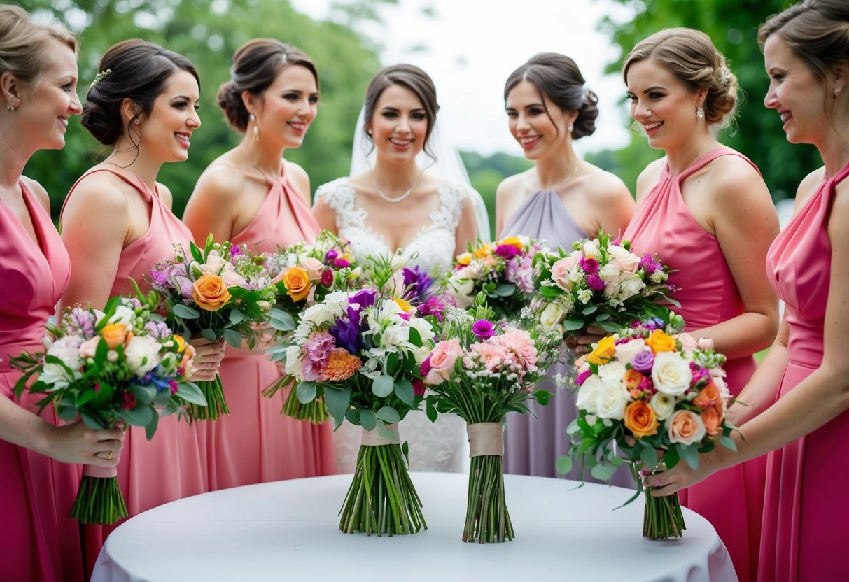 Bridesmaids place their bouquets on a table, creating a colorful and fragrant display