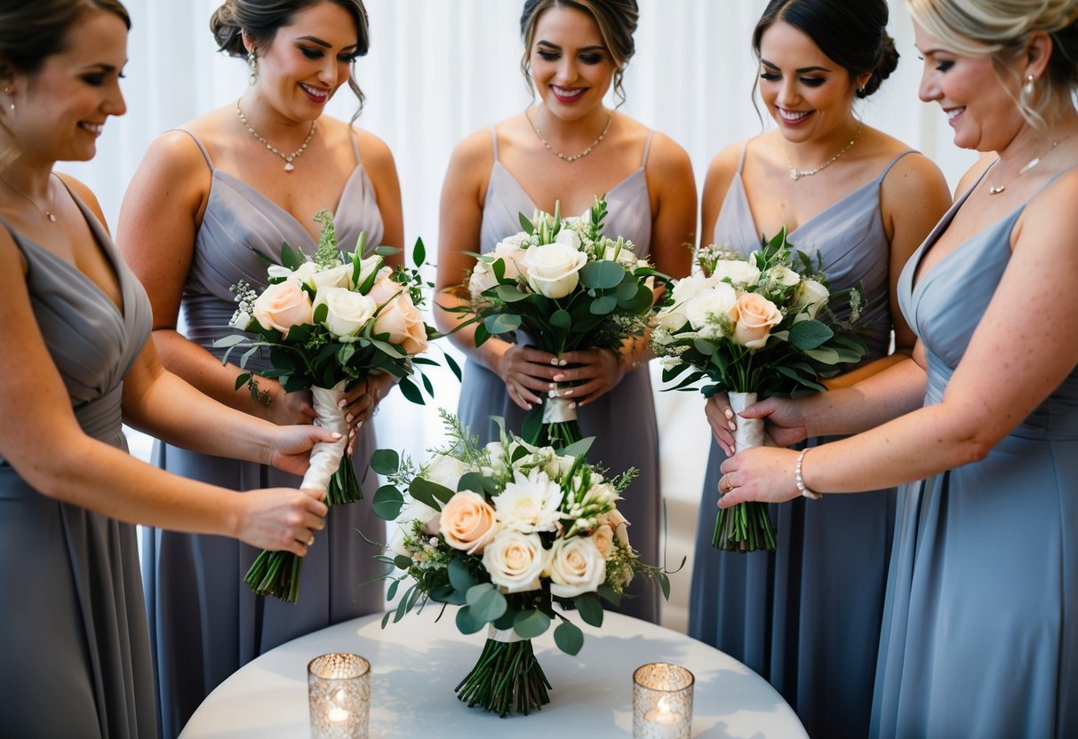 Bridesmaids arrange their bouquets in a decorative display at the reception, using them as centerpieces or adorning the gift or guest book table