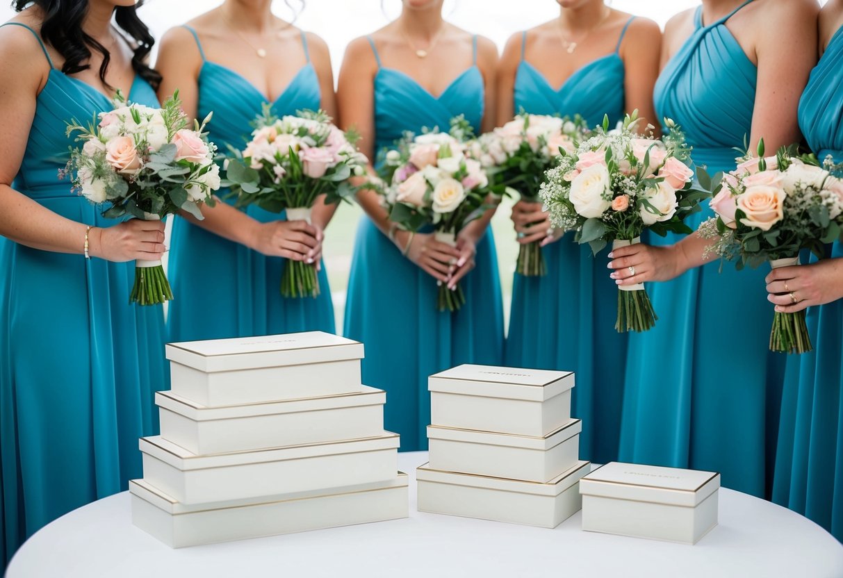 Bridesmaids place their bouquets on a table next to a stack of personalized keepsake boxes, ready to be taken home as mementos of the special day