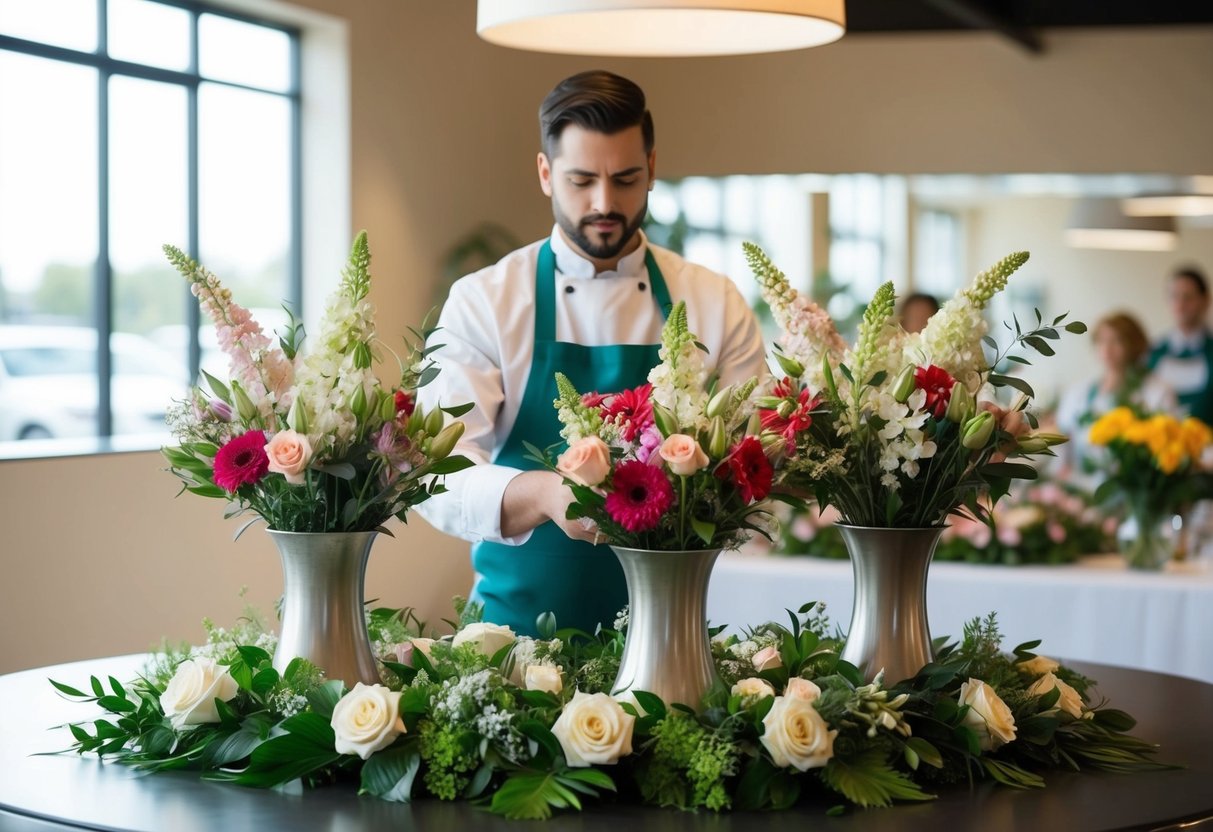 A florist arranges flowers in a decorative display for a centerpiece