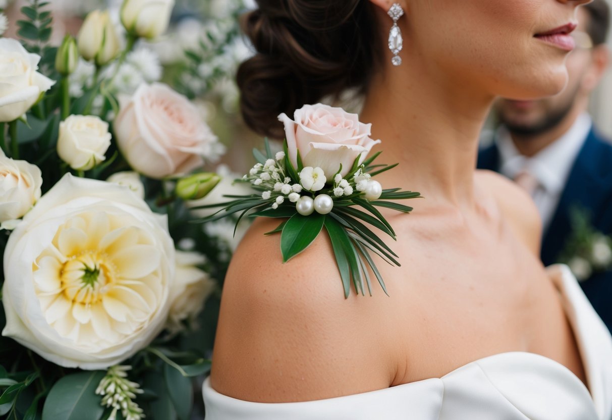 A woman's corsage pinned on her left shoulder, surrounded by elegant floral arrangements and a hint of formal attire