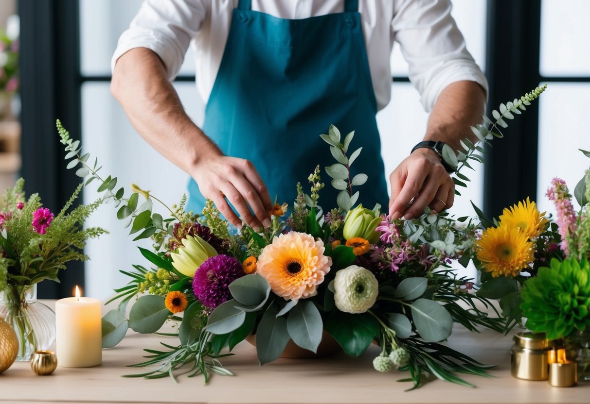 A florist arranges various flowers and foliage into a beautiful centerpiece, carefully balancing colors and textures