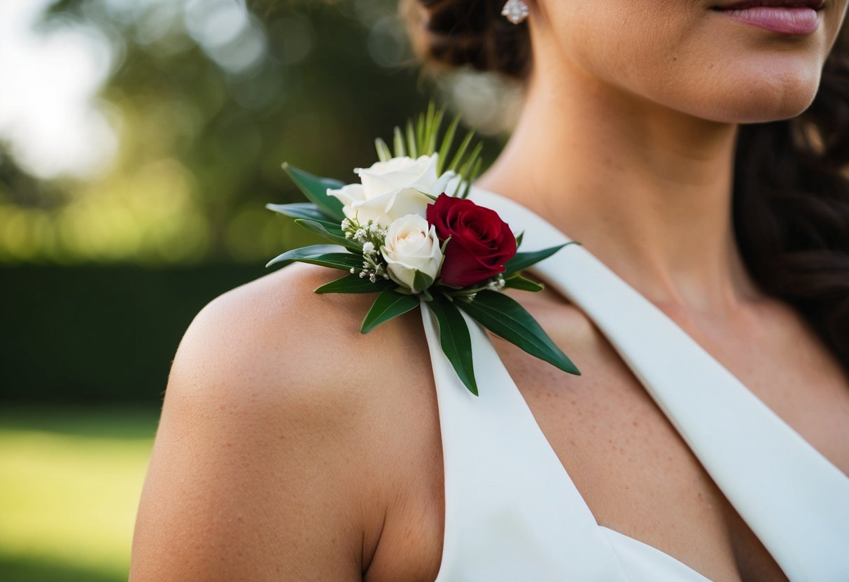 A woman's corsage is pinned on the left side of her dress, near the shoulder