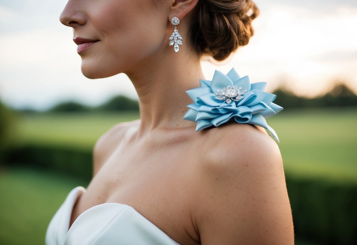 A woman's corsage pinned to her left shoulder, matching her elegant attire