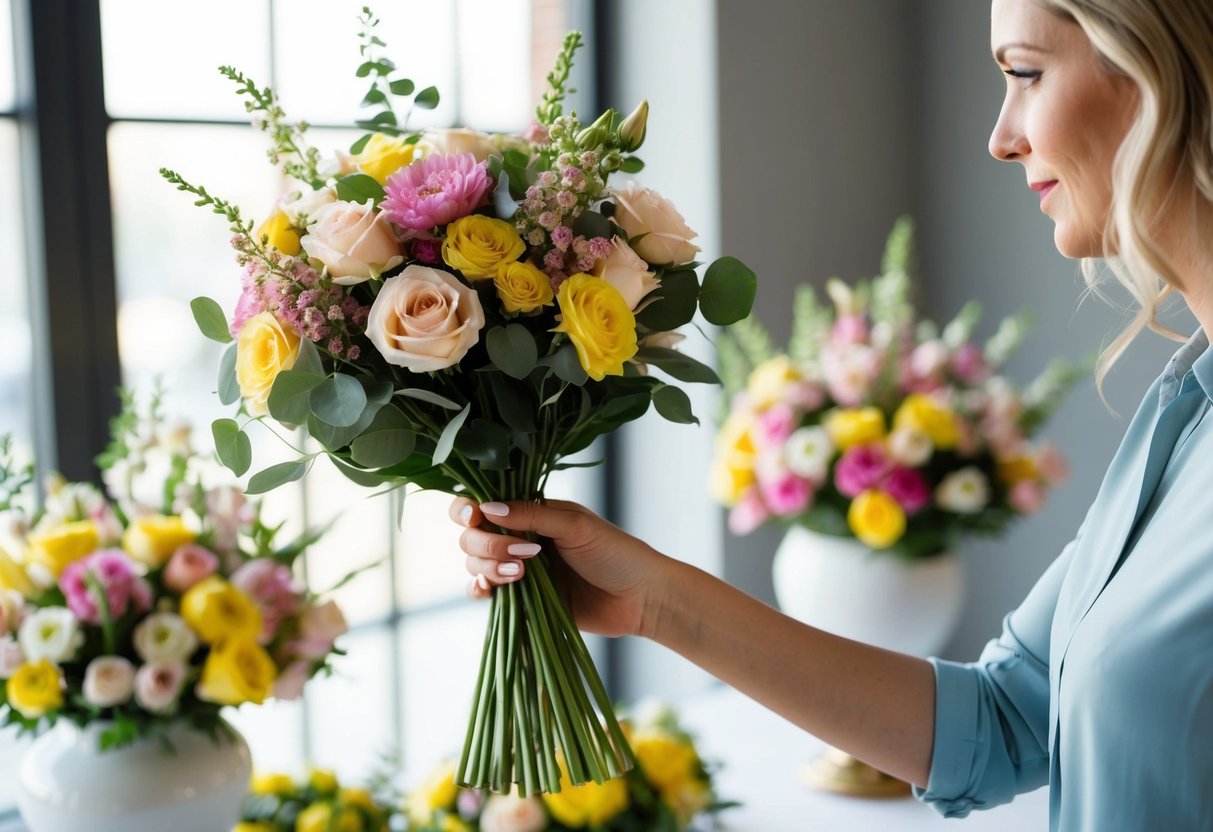 A woman's hand holds a bouquet of flowers, while a table displays more floral arrangements