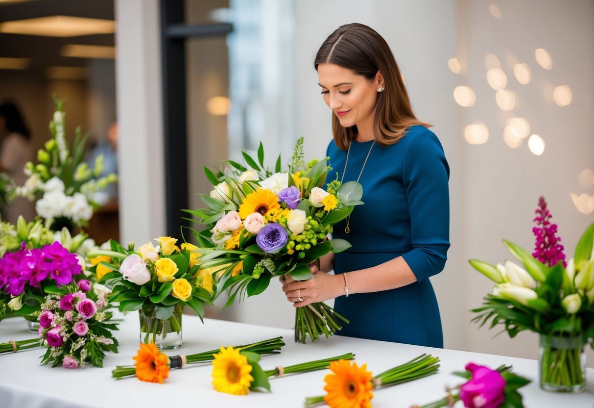 A woman holds a bouquet of flowers, examining various floral accessories displayed on a table