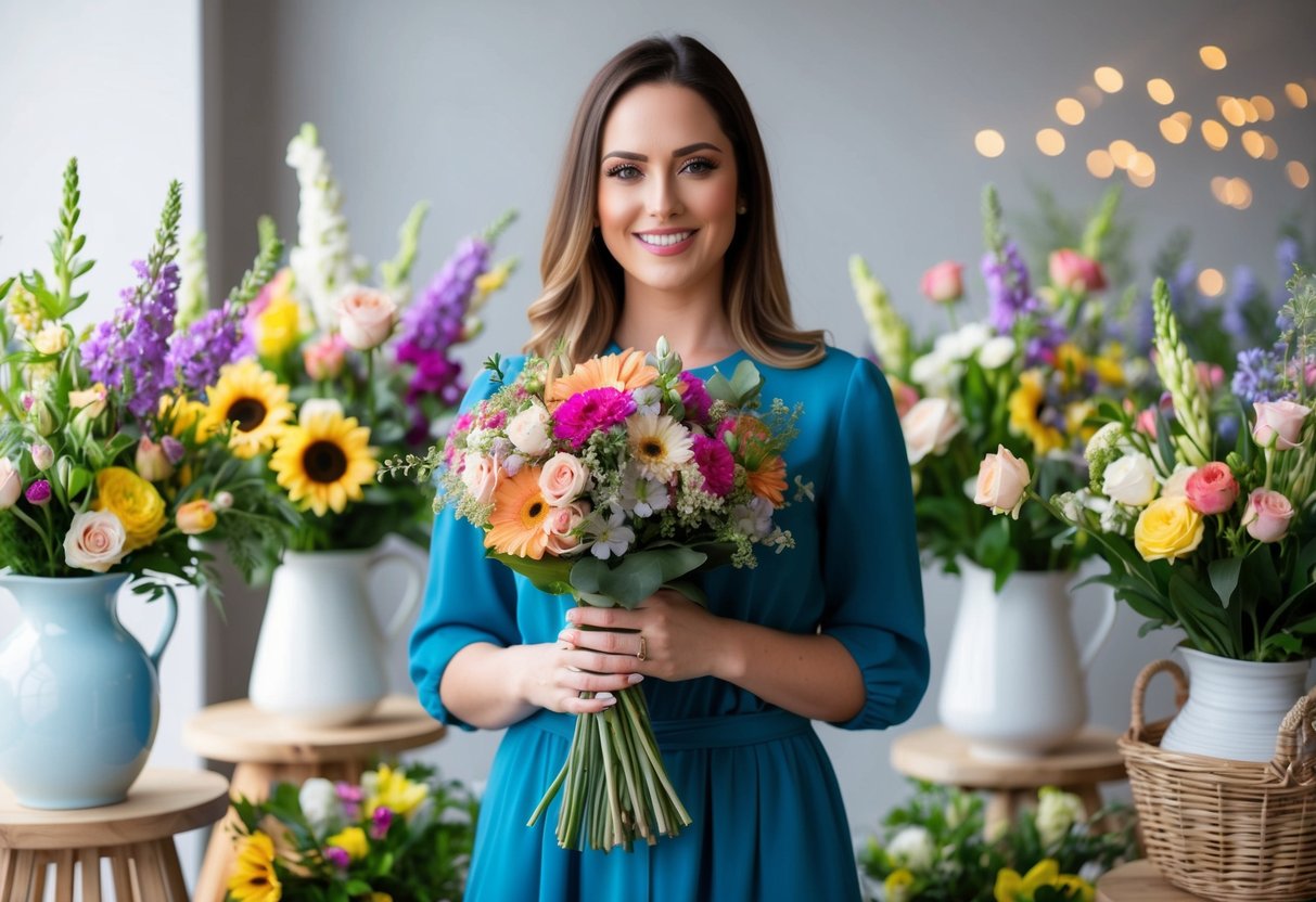 A woman holding a bouquet of flowers, surrounded by various floral arrangements in vases and baskets