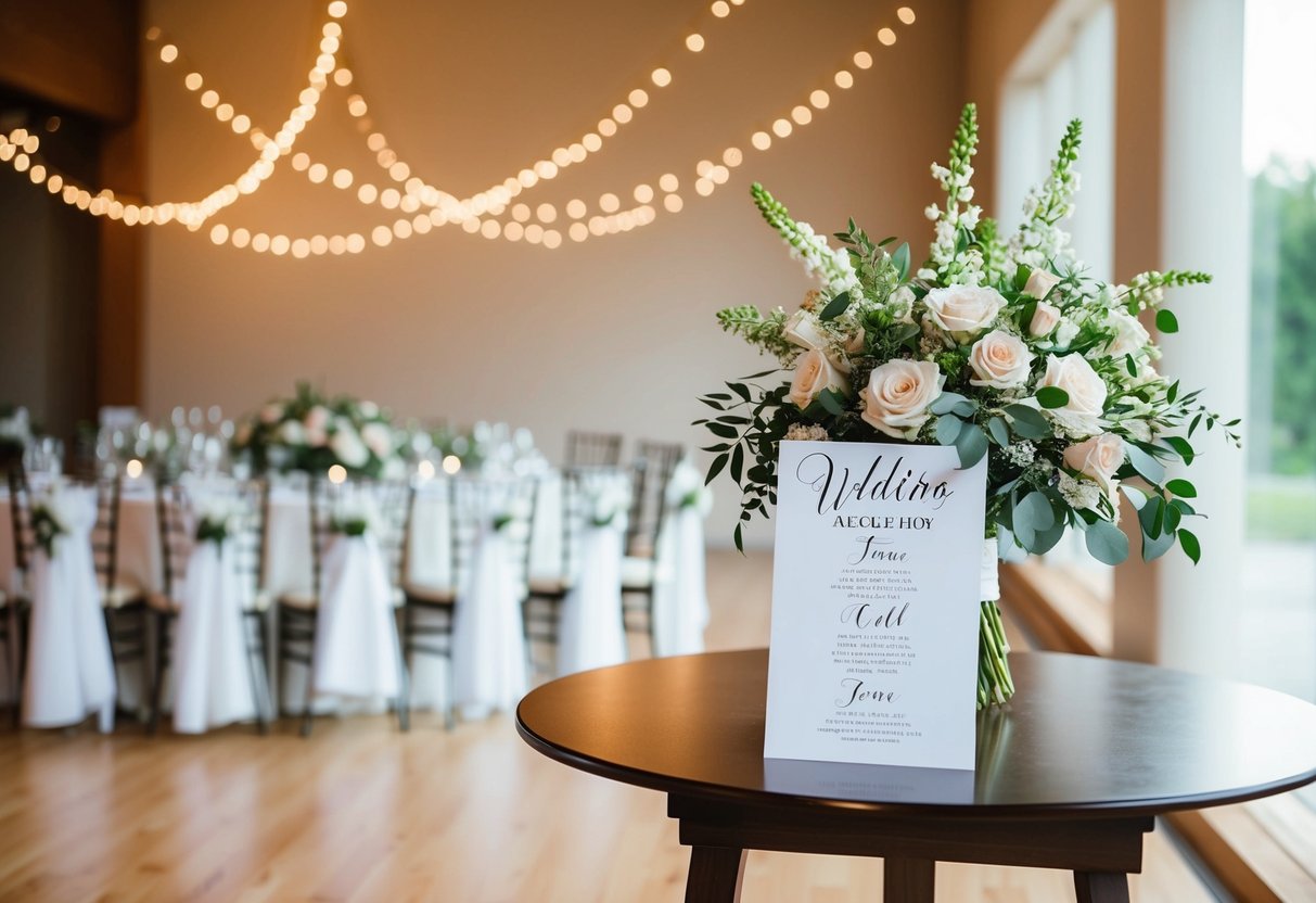 A table with a bouquet of flowers and a seating chart for the wedding reception