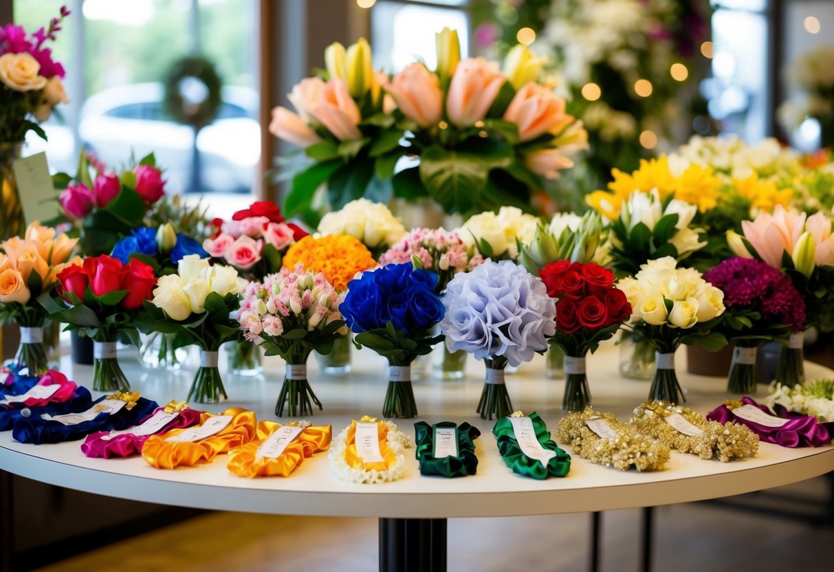 A table with a variety of corsages made of silk and other artificial materials, displayed in a well-lit floral shop