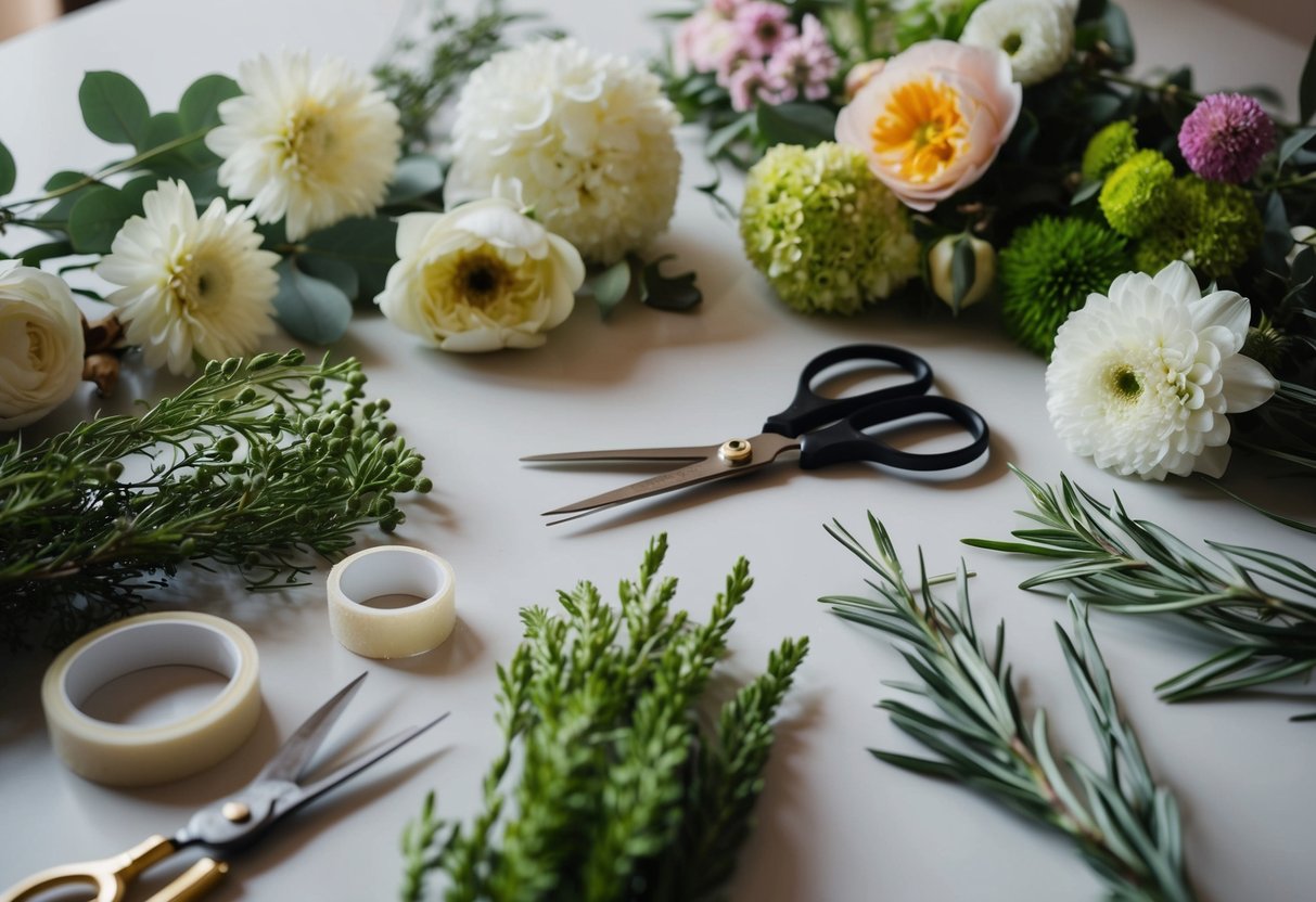 A table with assorted flowers, greenery, and ribbon laid out. A pair of scissors and floral tape nearby
