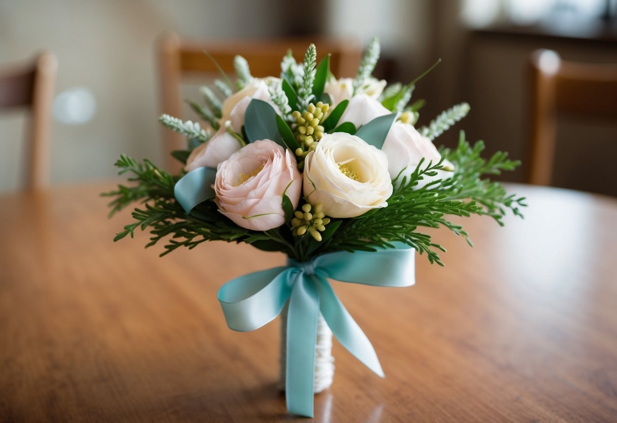 A corsage made of silk flowers, ribbon, and greenery displayed on a table