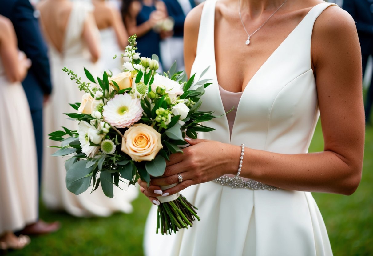 A woman's hand holding a bouquet of flowers near her chest at a wedding