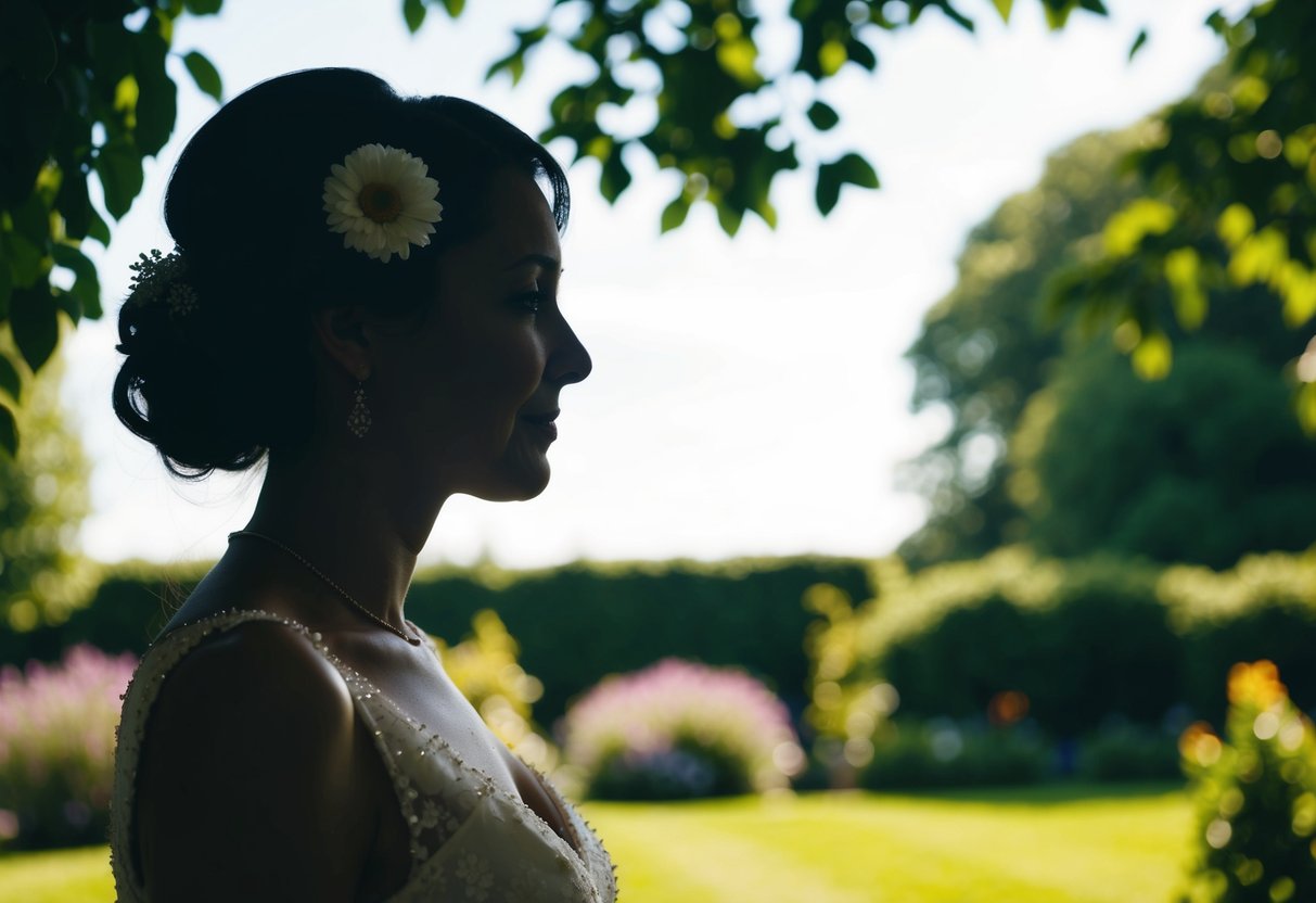 A woman's silhouette with a flower pinned to her left side, standing in a garden at a wedding