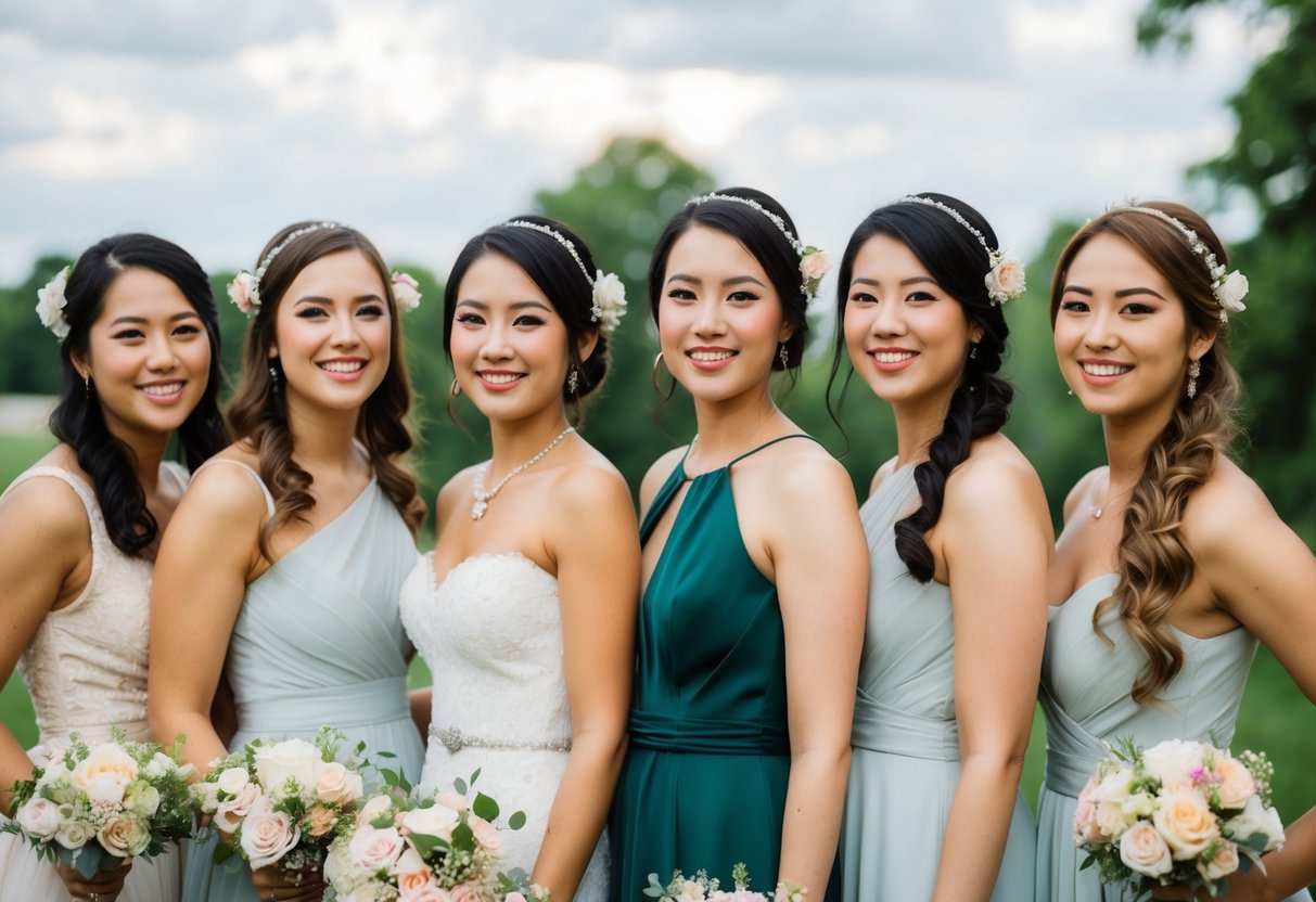 A group of women wearing floral accessories at a wedding, with flowers pinned to their dresses or in their hair