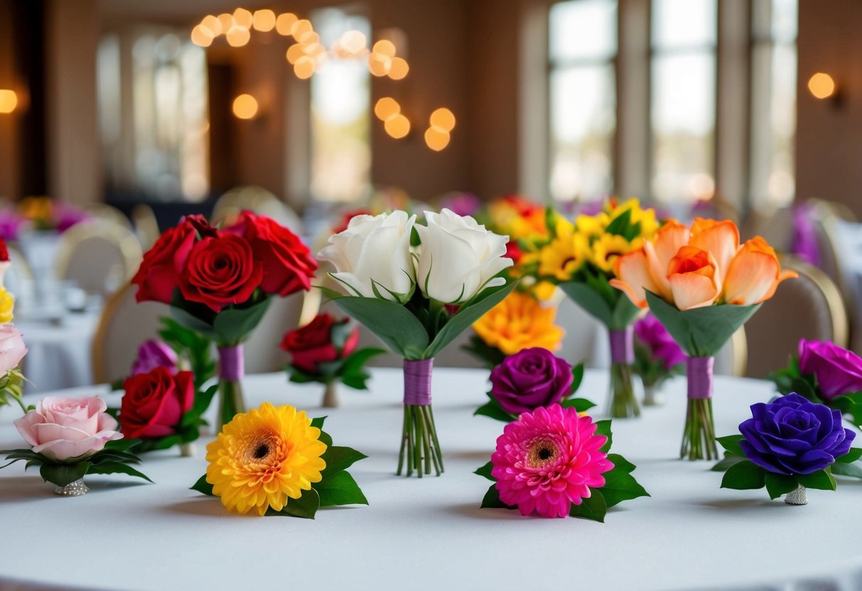 A table displays colorful corsages, some with fake flowers