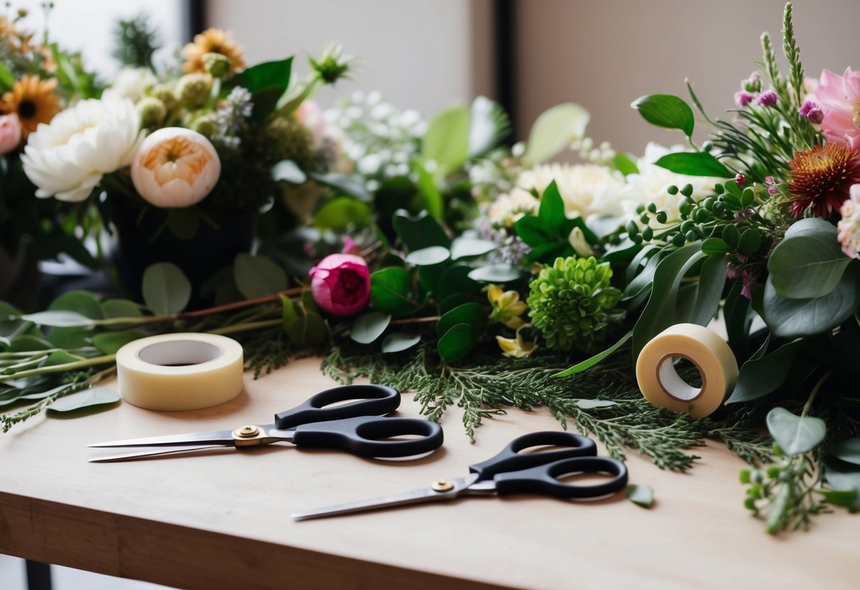 A table set with various flowers, greenery, and floral supplies. A pair of scissors and floral tape are ready for use