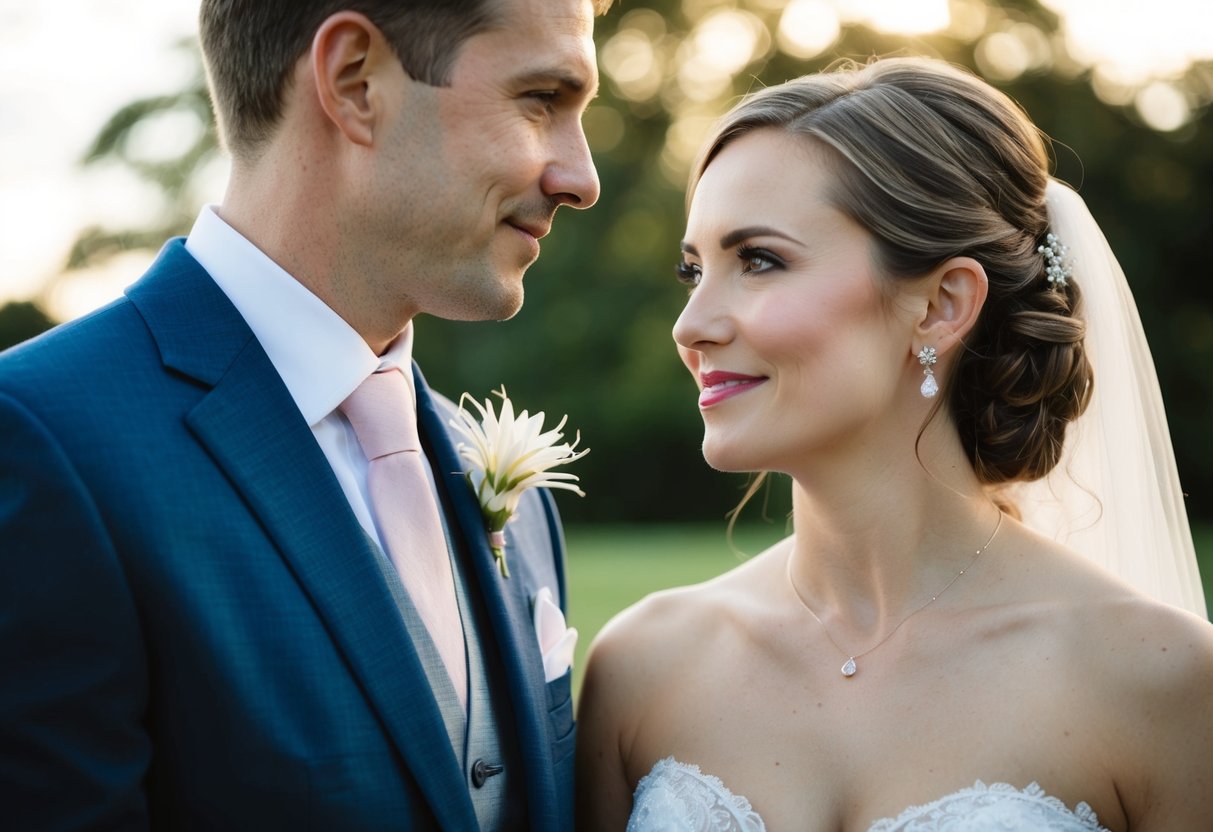 A bride stands beside her groom, a delicate flower pinned to the left side of her dress