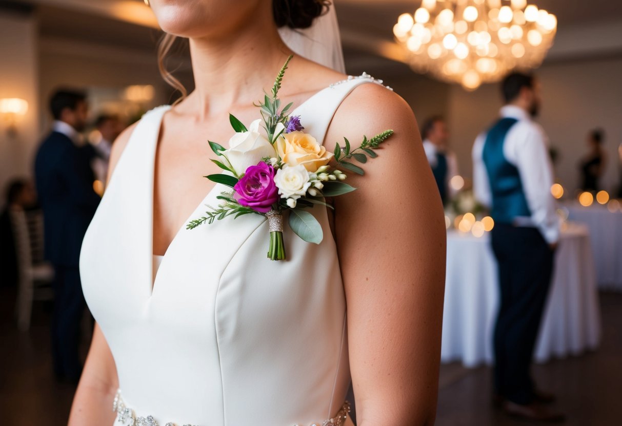 A woman's dress with a floral corsage pinned on the left side. The setting is a wedding reception with elegant decor