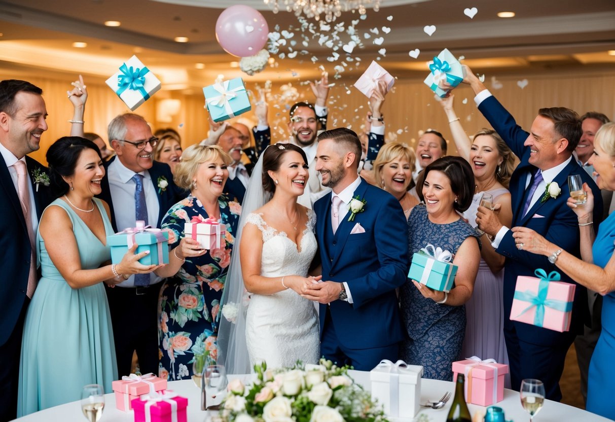 A happy couple surrounded by family and friends celebrating at a wedding reception. Gifts and well-wishes are exchanged as the newlyweds are showered with love and support