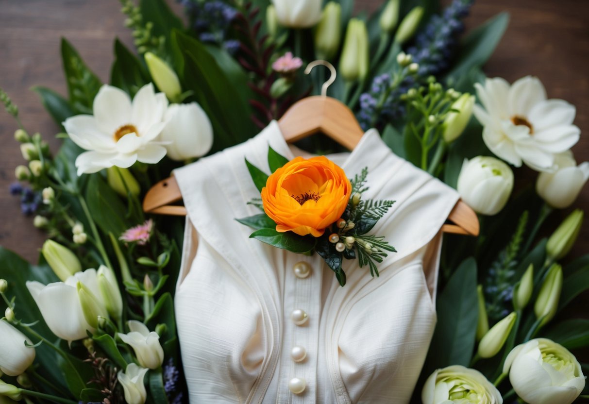 A corsage pinned to a vintage dress, surrounded by modern floral arrangements