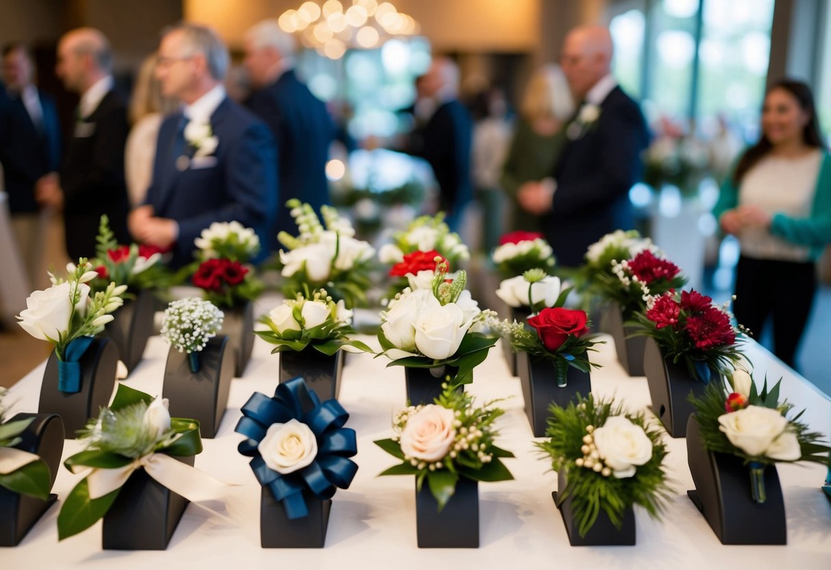 A variety of modern corsages arranged in a display, showcasing popular styles such as wrist, pin-on, and hand-tied designs