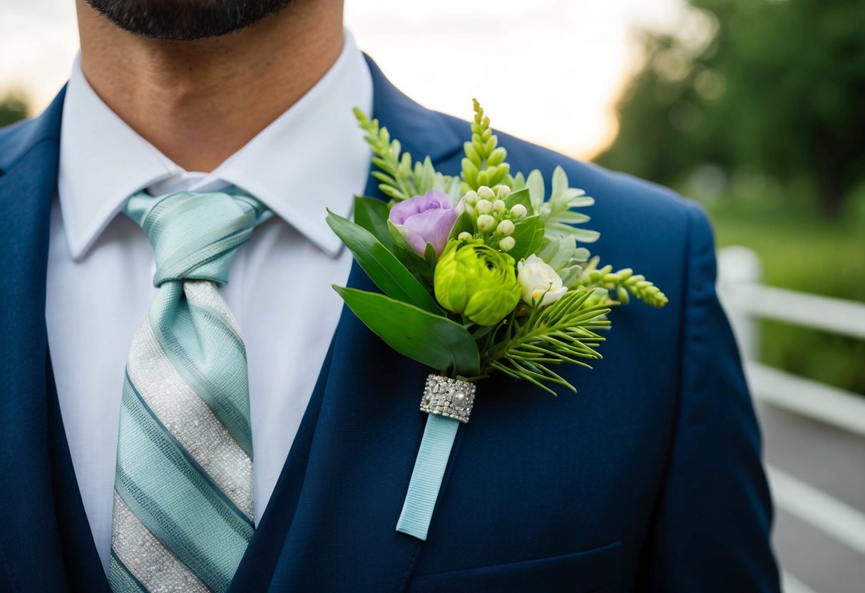 A modern corsage adorns a formal outfit, featuring a cluster of fresh flowers and greenery, tied with a ribbon or decorative band