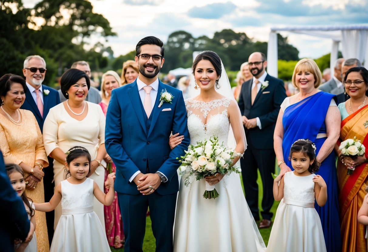 A bride and groom stand surrounded by family and friends, with pre- and post-wedding events in the background. A mix of traditional and modern elements reflects the shared financial responsibility for the wedding