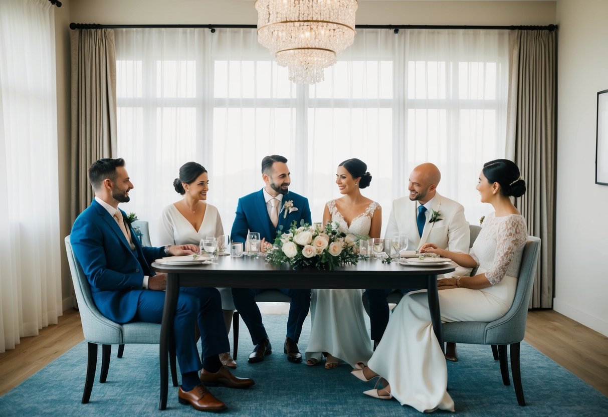 A newlywed couple and their families sit around a table, discussing wedding expenses and financial responsibilities for their upcoming 2024 ceremony