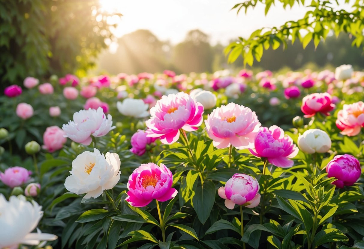 A field of vibrant, blooming peonies in various shades of pink and white, surrounded by lush green foliage and bathed in soft, golden sunlight