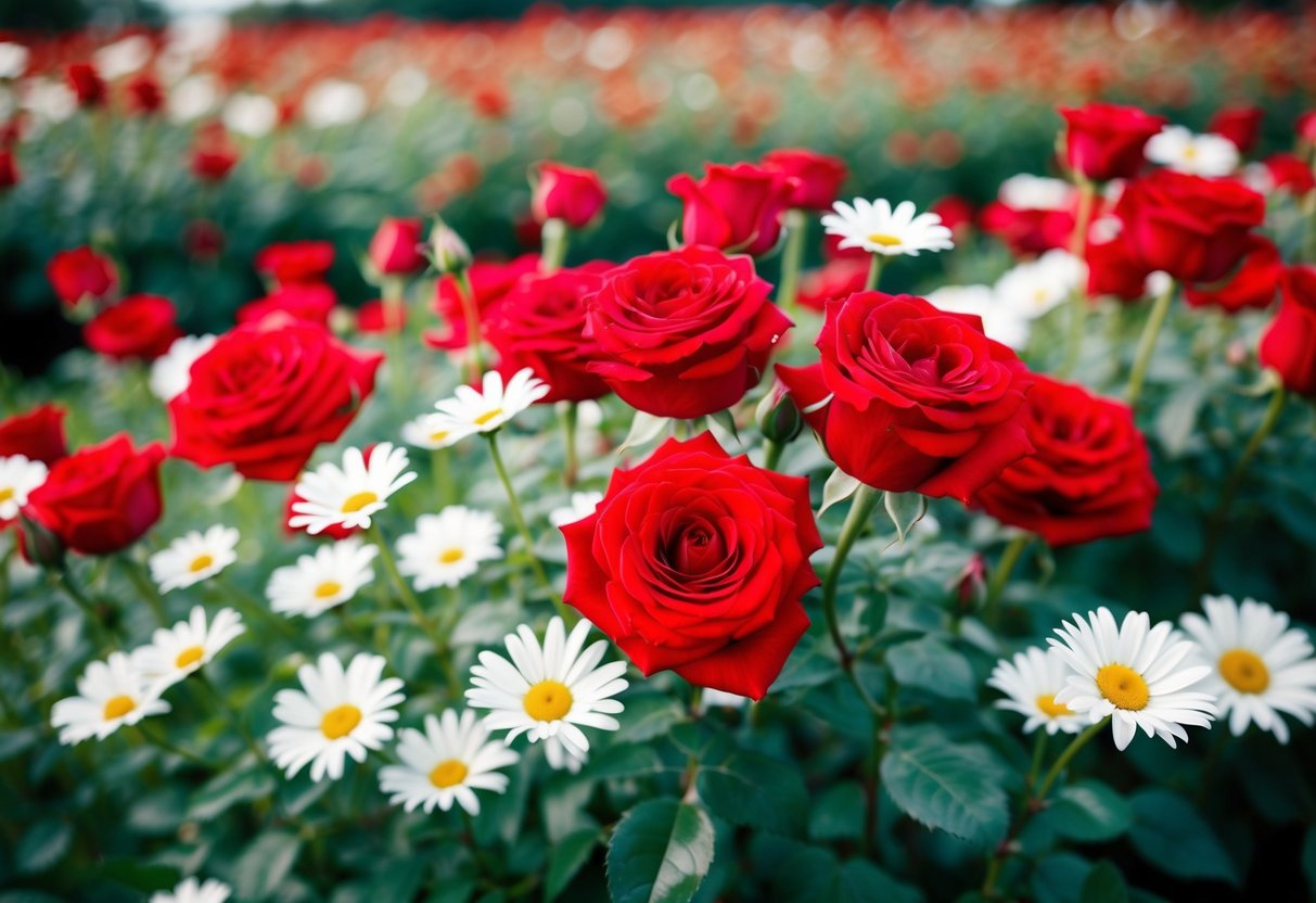 A field of vibrant red roses and delicate white daisies in full bloom