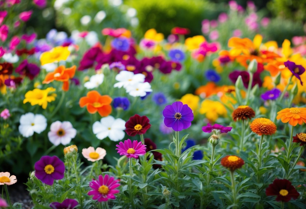 A vibrant garden with a variety of flowers in full bloom, showcasing their unique colors, shapes, and fragrances