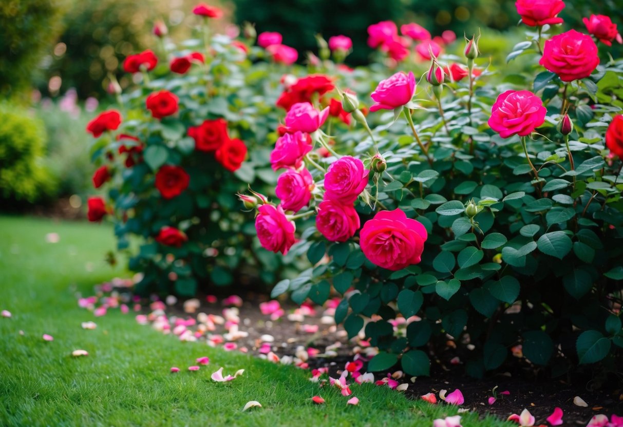 A garden with vibrant red and pink roses in full bloom, surrounded by lush green foliage and delicate petals scattered on the ground