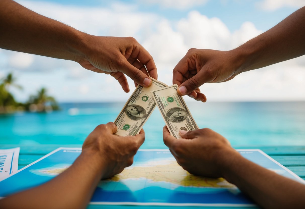 A couple's hands exchanging money over a map of a tropical island