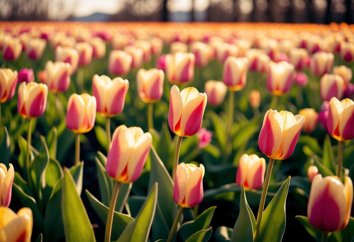A field of vibrant tulips and roses, their petals gently swaying in the breeze under the warm rays of the sun