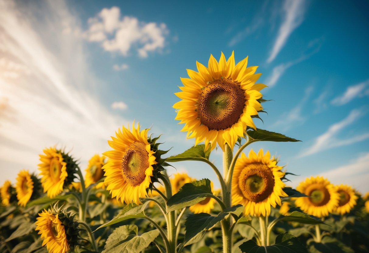 A lush field of sunflowers basking in the golden sunlight, their vibrant yellow petals reaching towards the sky, exuding a radiant charm