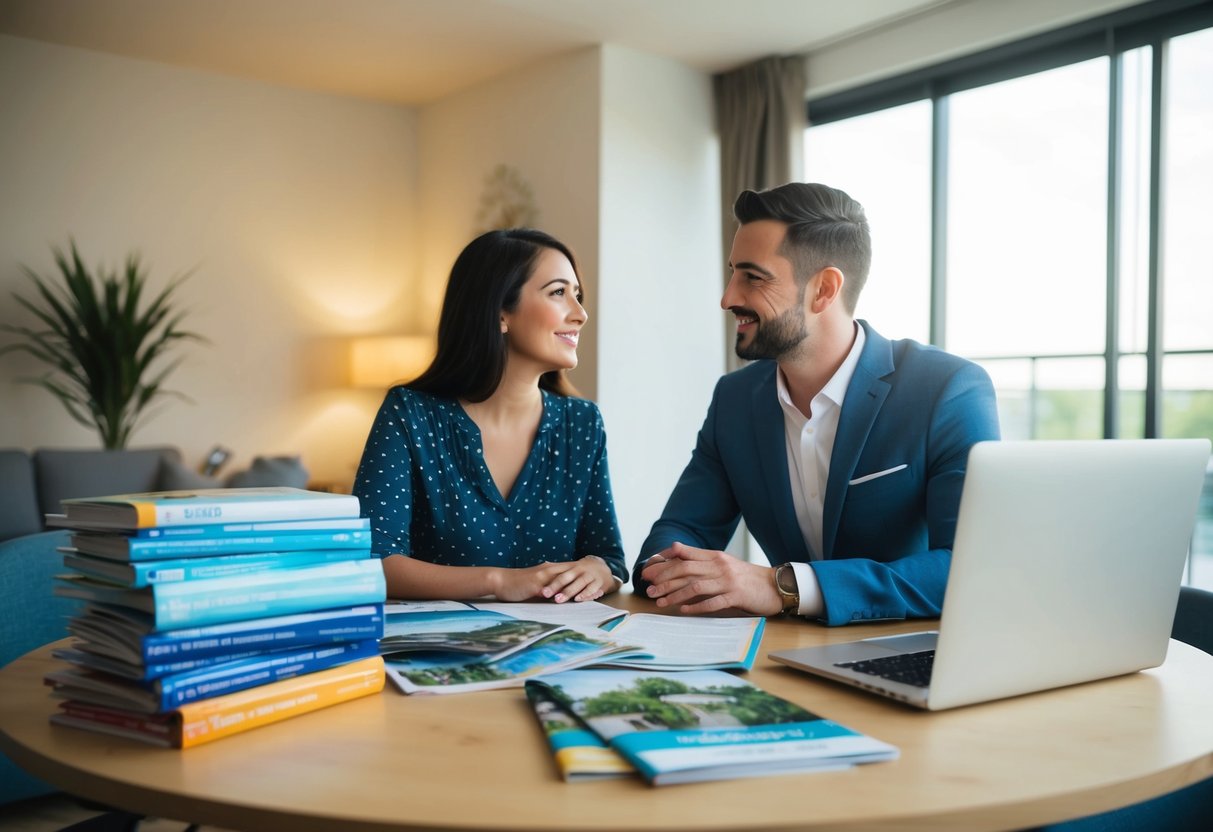 A couple sits at a table, discussing honeymoon plans. A stack of travel brochures and a laptop are spread out in front of them as they consider their options