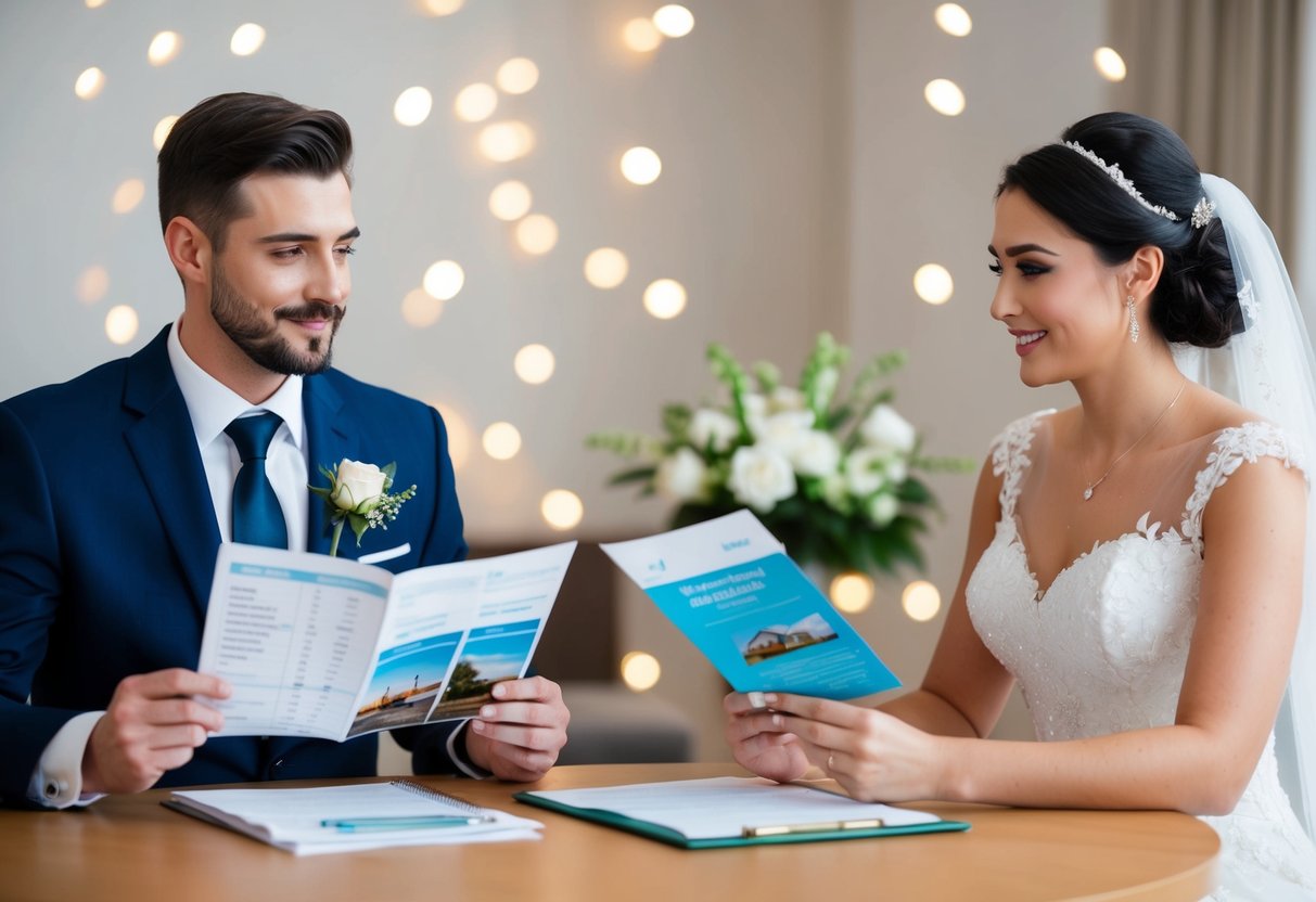 A bride and groom sit at a table, dividing wedding expenses. The groom holds a brochure for a honeymoon destination while the bride looks at a budget spreadsheet
