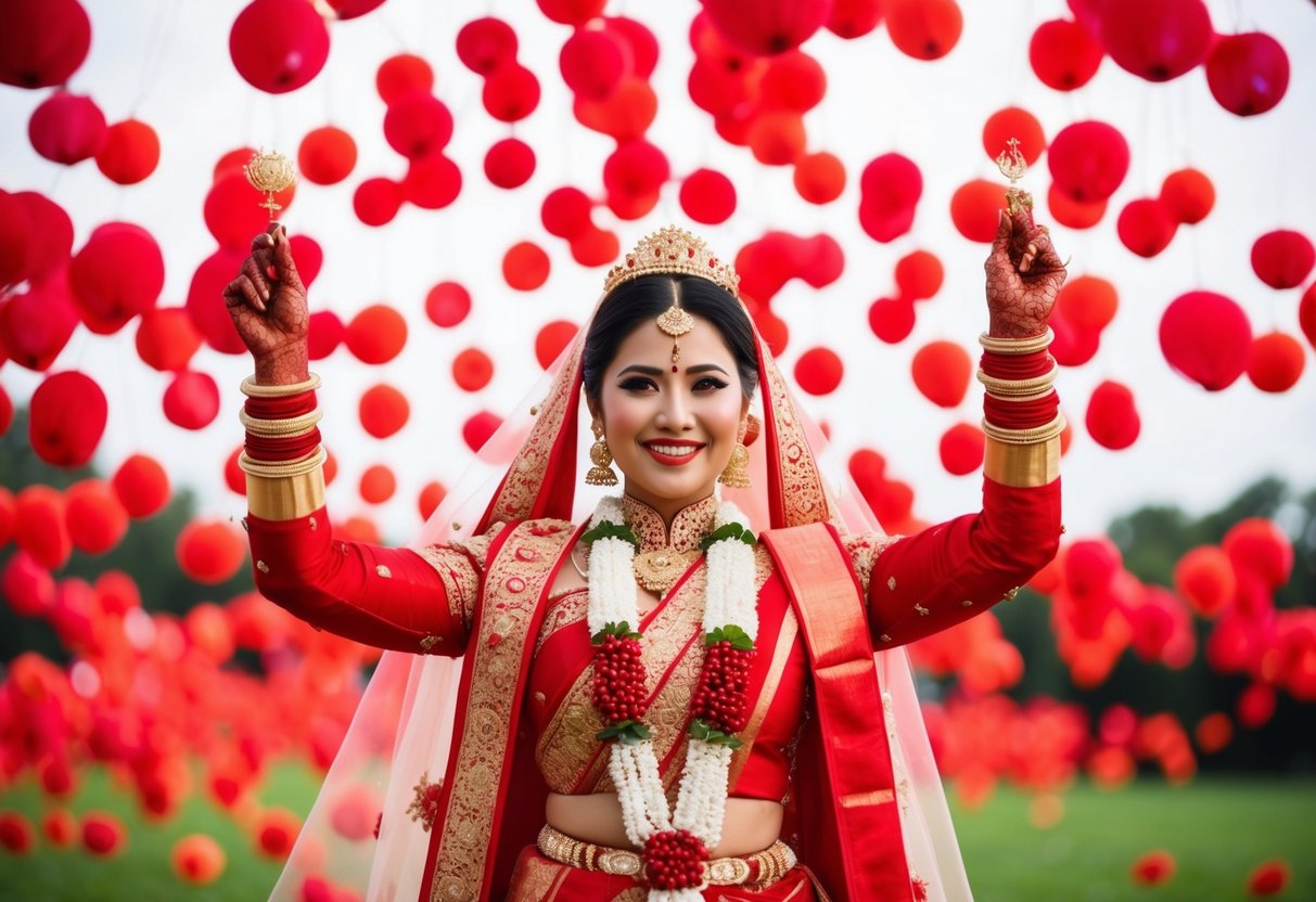 A bride surrounded by vibrant shades of red, symbolizing luck and prosperity in her traditional wedding attire