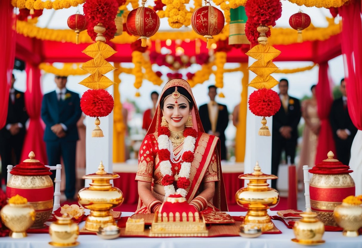 A traditional wedding scene with vibrant red and gold decor, symbolizing luck and prosperity for the bride
