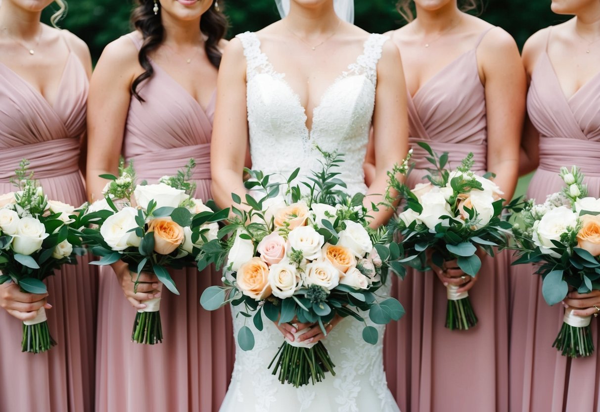 Bride and bridesmaids hold bouquets of matching flowers