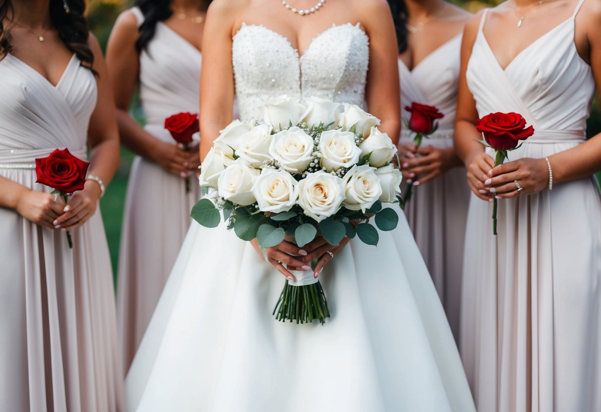 Bride holding a bouquet of white roses, while bridesmaids each hold a single red rose