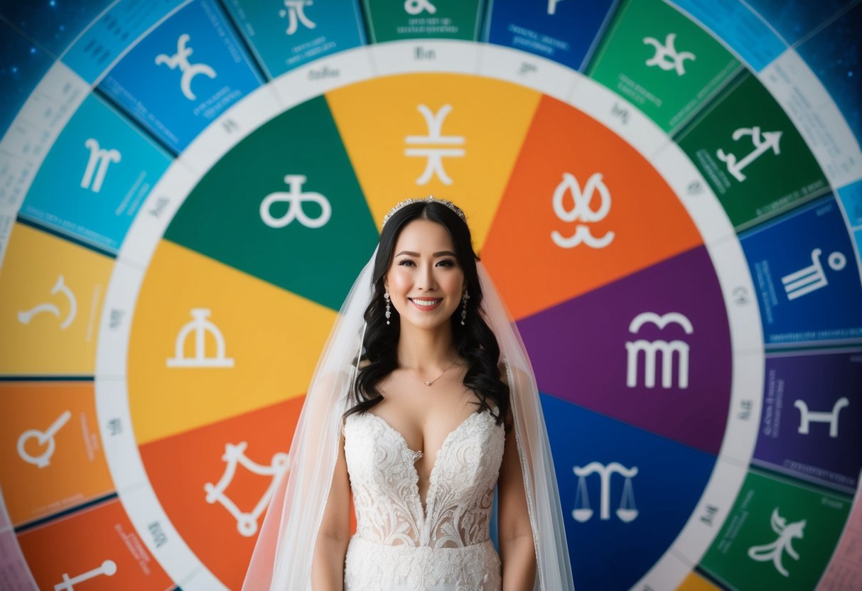 A bride surrounded by a palette of colors representing different astrological signs, with astrological symbols and charts in the background