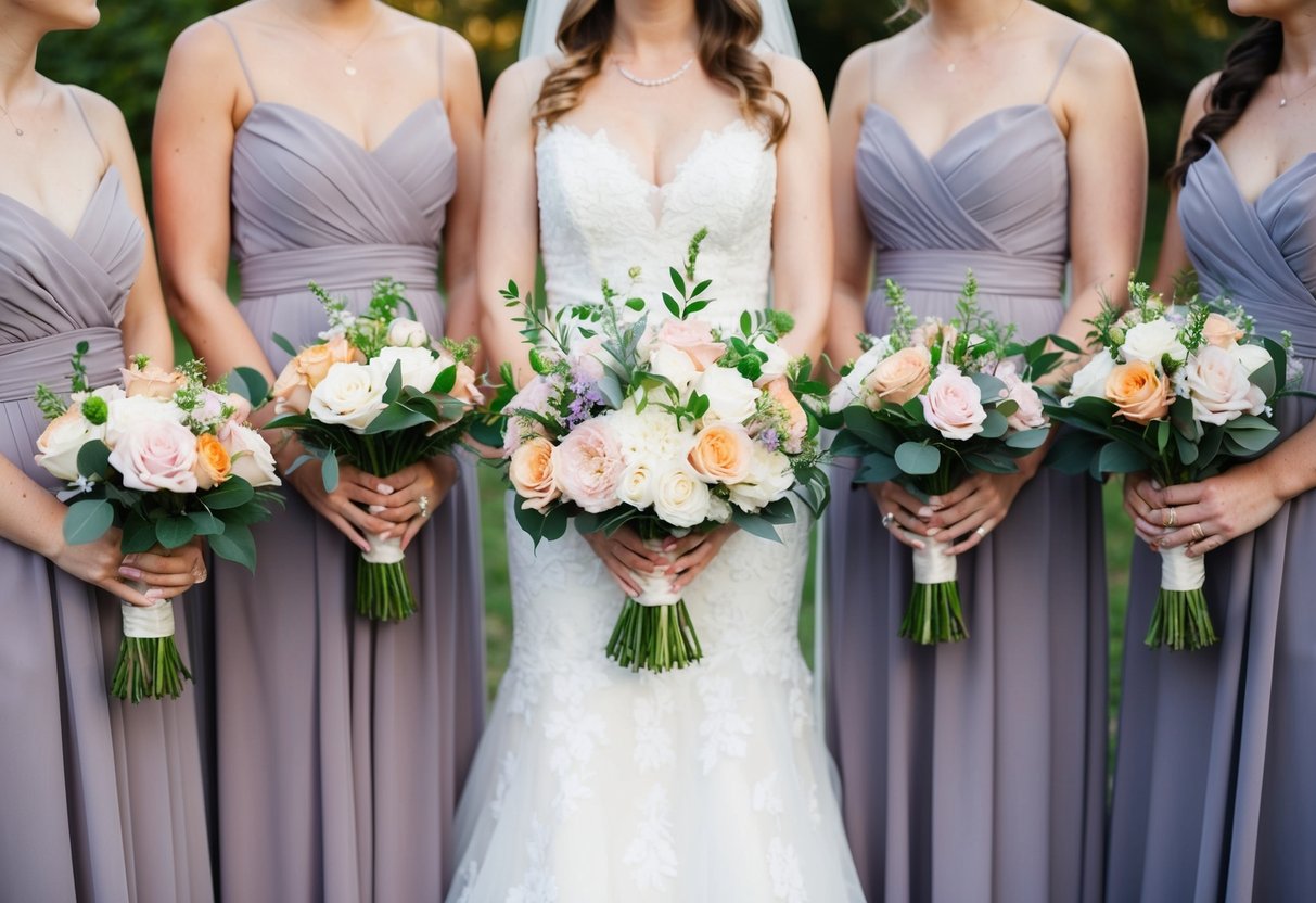 Bridesmaids' bouquets match the bride's with similar flowers and colors, arranged in a cohesive and elegant manner
