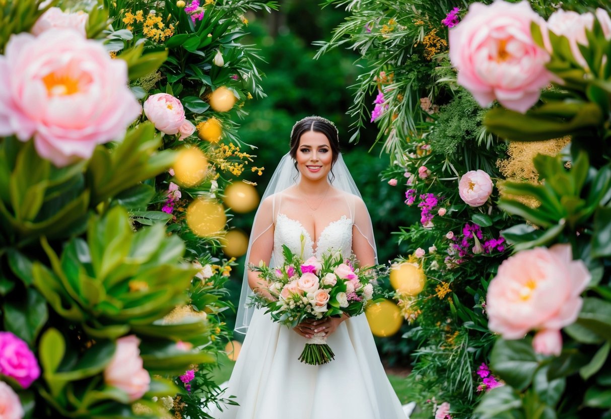 A bride surrounded by vibrant greenery and blooming flowers, with splashes of gold and pink accents throughout the scene