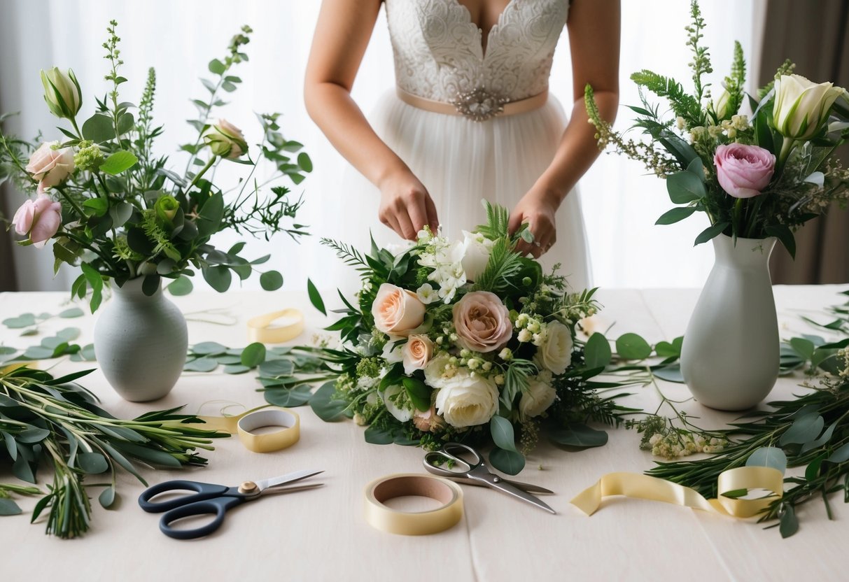 A table covered in flowers, greenery, and vases. Scissors, ribbons, and floral tape scattered around. A bride arranging her own wedding bouquet