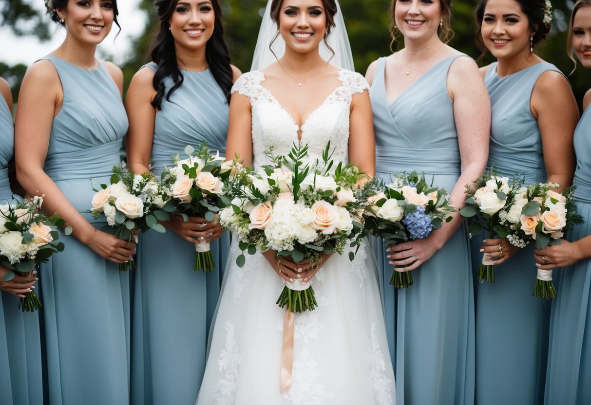 Bride and bridesmaids hold bouquets of matching flowers at a traditional ceremony