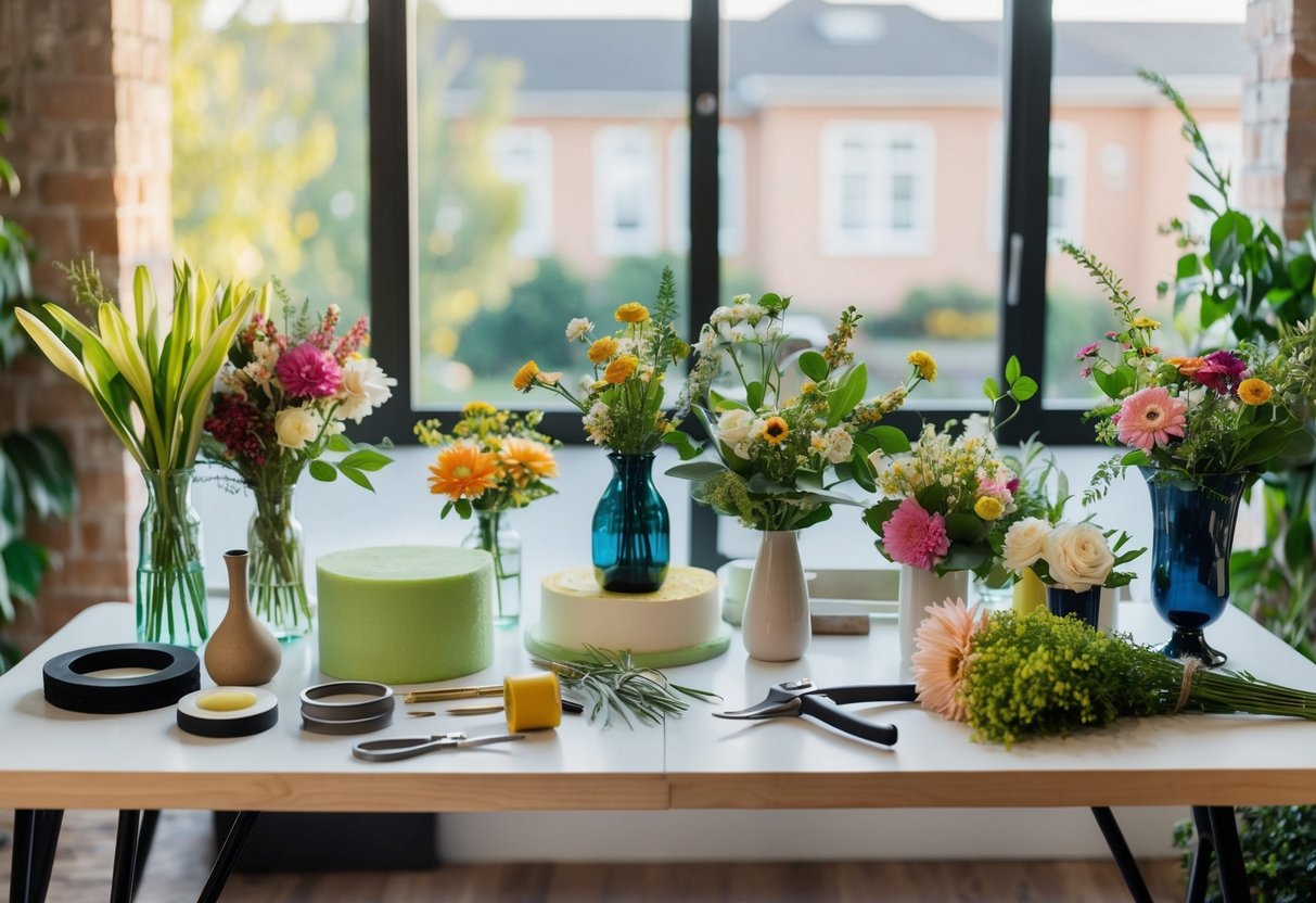A table with various floral supplies and tools, including vases, floral foam, wire cutters, and a variety of fresh flowers and greenery