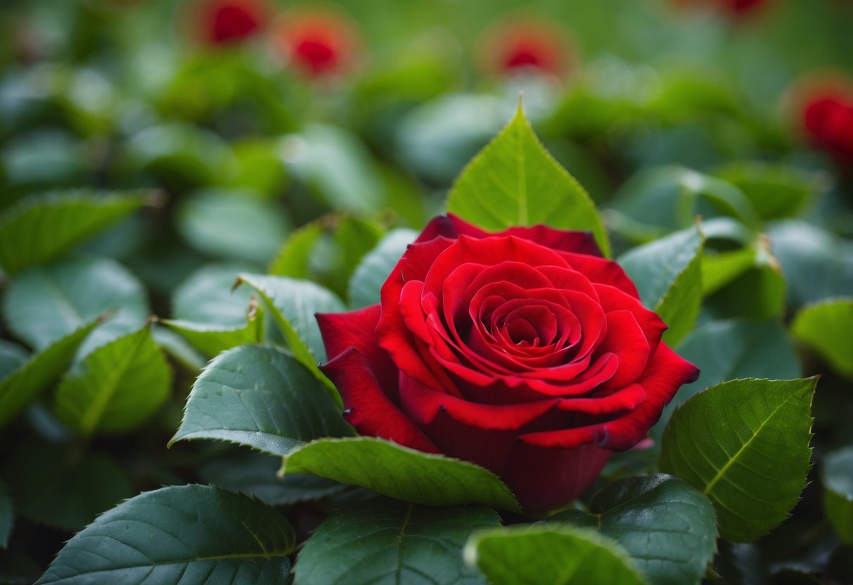 A red rose nestled in a bed of green leaves, symbolizing love and passion
