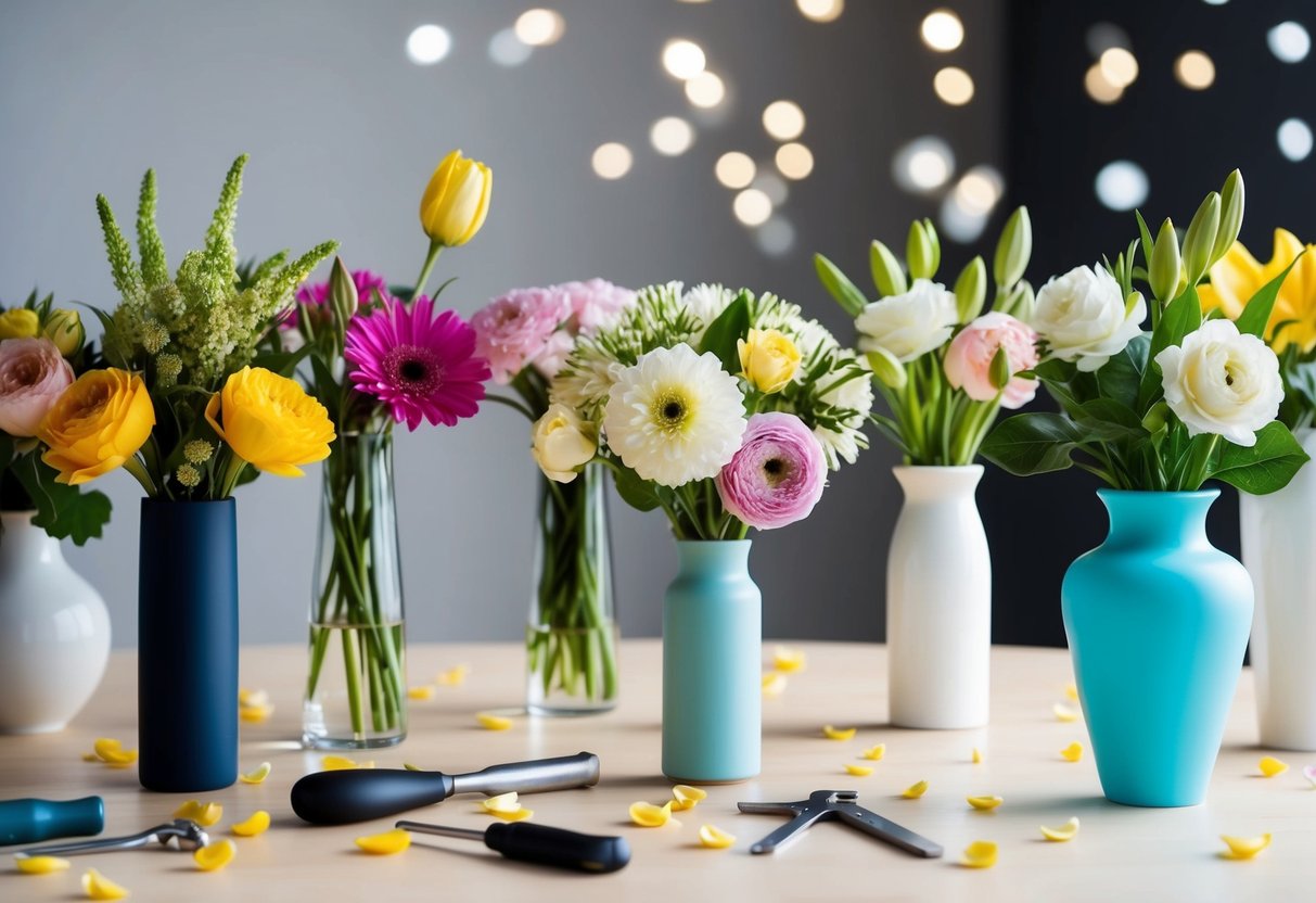 A table with neatly arranged vases of flowers, some professionally arranged and others in a more casual DIY style, with scattered petals and tools