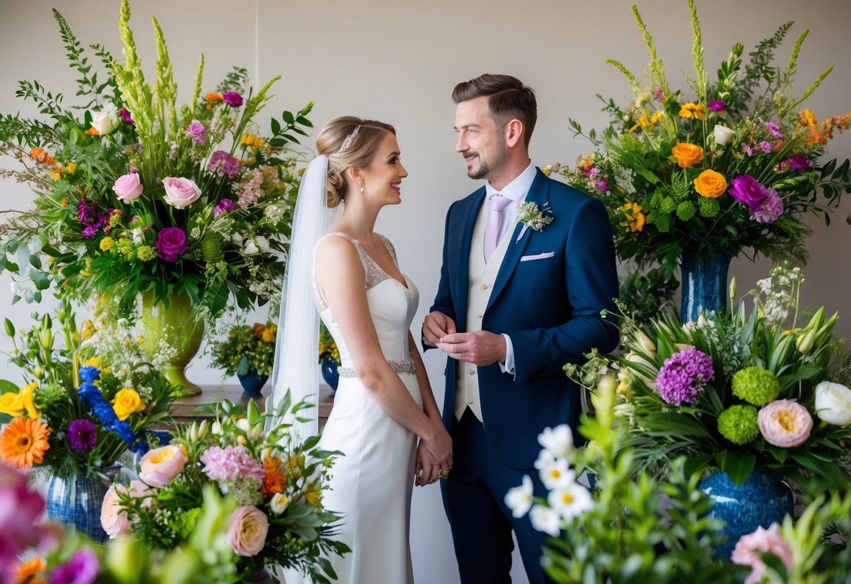 A bride and groom consult with a wedding florist, surrounded by a variety of colorful flowers and greenery displayed in vases and arrangements